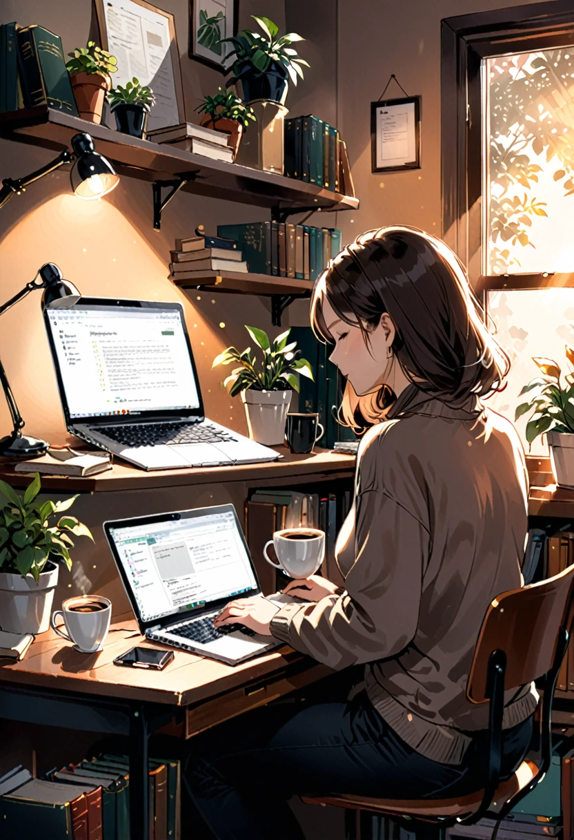 A person sitting at a desk, working on a laptop. The desk has a cup of coffee, some books, and a potted plant. The background is a cozy home office with warm lighting.