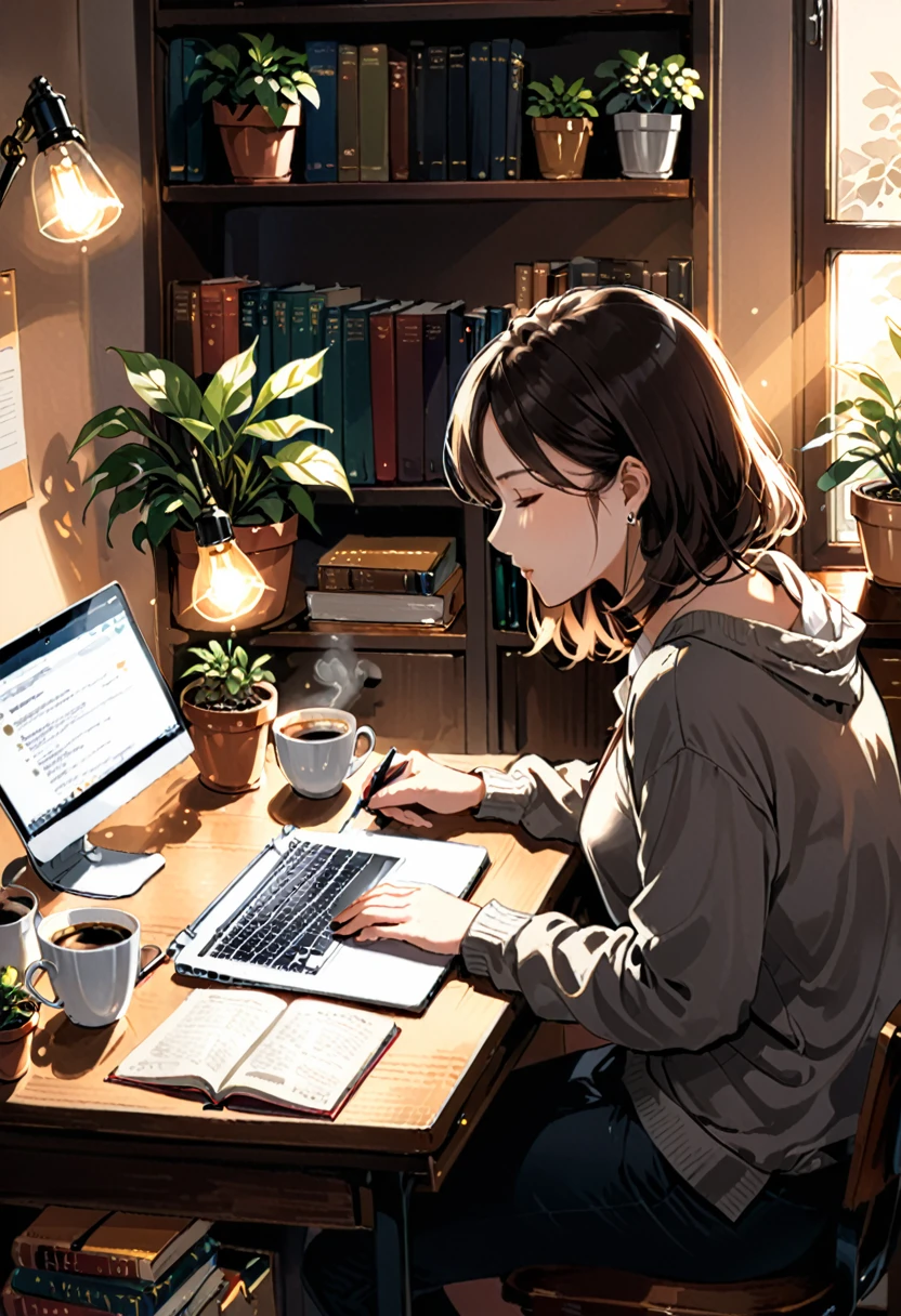 A person sitting at a desk, working on a laptop. The desk has a cup of coffee, some books, and a potted plant. The background is a cozy home office with warm lighting.