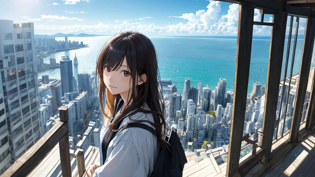 Shiraishi Mei, Looks exactly like Shiraishi Mei,Oceanの方を向いている後ろ姿、Woman looking up at the sky ,Long Hair,  Dark brown hair, 1 girl, 18-year-old, photograph, Realistic, Highest quality, Detailed face, The background is the cityscape of Japan、Strong sunlight, Ocean, Embankment, Detailed Background, Diffused sunlight, Written boundary depth, Bokeh (Highest quality: 1.2), (masterpiece: 1.2), Watch Viewer, one piece, White Theme, ,Vision、(((Panorama:1.2)))