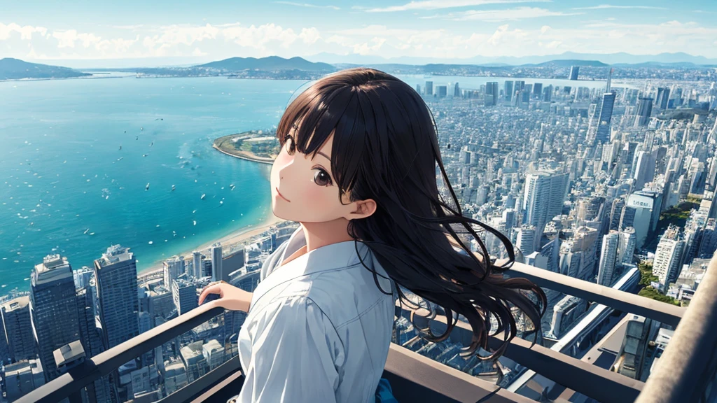 Shiraishi Mei, Looks exactly like Shiraishi Mei,Oceanの方を向いている後ろ姿、Woman looking up at the sky ,Long Hair, Dark brown hair, 1 girl, 18-year-old, photograph, Realistic, Highest quality, Detailed face, The background is the cityscape of Japan、Strong sunlight, Ocean, Embankment, Detailed Background, Diffused sunlight, Written boundary depth, Bokeh (Highest quality: 1.2), (masterpiece: 1.2), Watch Viewer, one piece, White Theme, ,Vision、(((Panorama:1.2)))