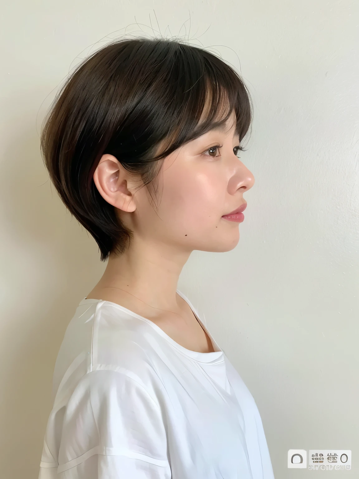 Short sleeve shirt、４０A chubby Japanese woman in her thirties、(White wall in the background、Back view)、profile、Photographed in front of a white wall、Layered Cut、Very delicate hair、(In a room with white walls and windows)、((Highest quality、8K、masterpiece:1.3))、Ultra-high resolution、(photoGenuineistic:1.4)、RAW Photos、Japanese,(detailed aspects)、Genuine、Photographed in natural light、Highly detailed face and skin texture、Highly detailed lips、The correct state of the human body、Shortcuts、Short Hair、Various poses、Natural color lip