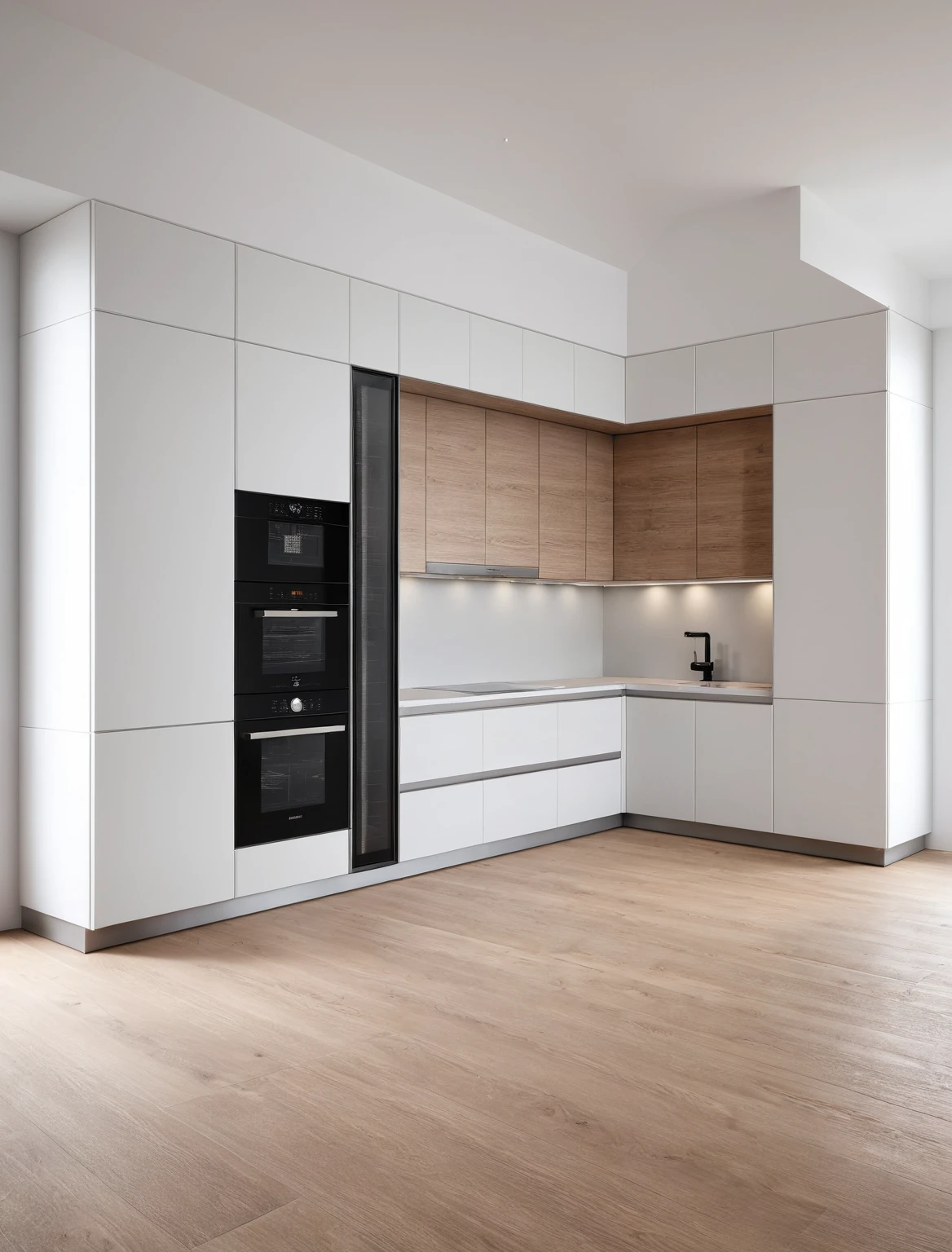 Raw photo,Masterpiece, high quality, best quality, authentic, super detail, interior , sunset, daylight, Kitchen Cabinets style modern, Induction cooker, sink, faucet, oven, built-in microwave, wooden floor, hood, wine cabinet, ((WHITE tones))