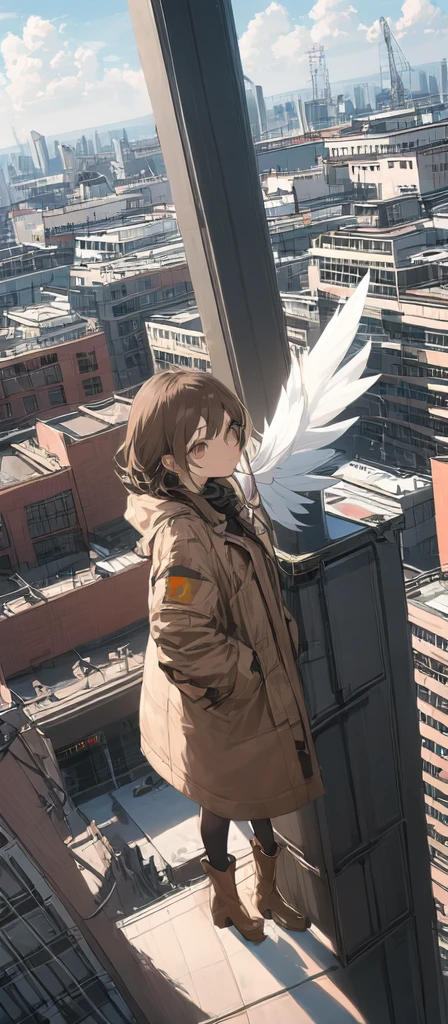 (masterpiece, best quality),from above , 1girl, solo, (feathered wings:1.2), billboard, brown eyes, brown hair, building, city, cloudy sky, coat, boots, crane \(machine\), dutch angle, from side, light frown, looking at viewer, outdoors, rooftop, sky, skyscraper