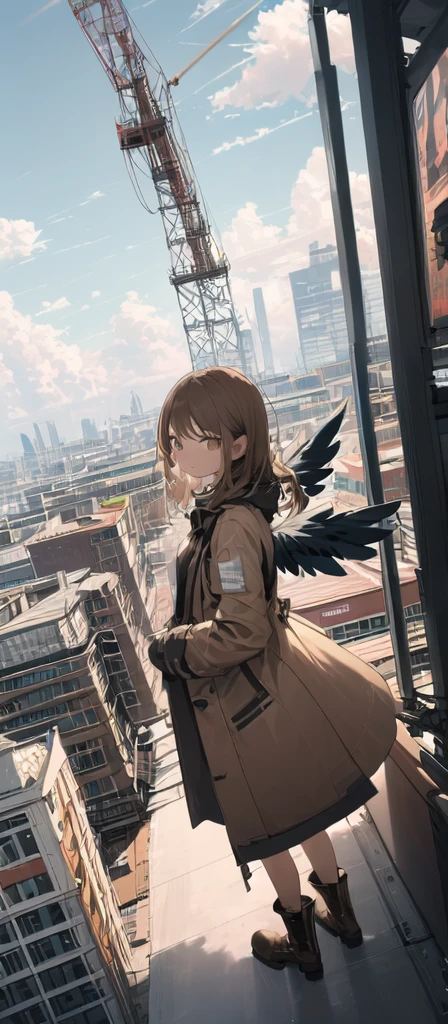 (masterpiece, best quality),from above , 1girl, solo, (feathered wings:1.2), billboard, brown eyes, brown hair, building, city, cloudy sky, coat, boots, crane \(machine\), dutch angle, from side, light frown, looking at viewer, outdoors, rooftop, sky, skyscraper