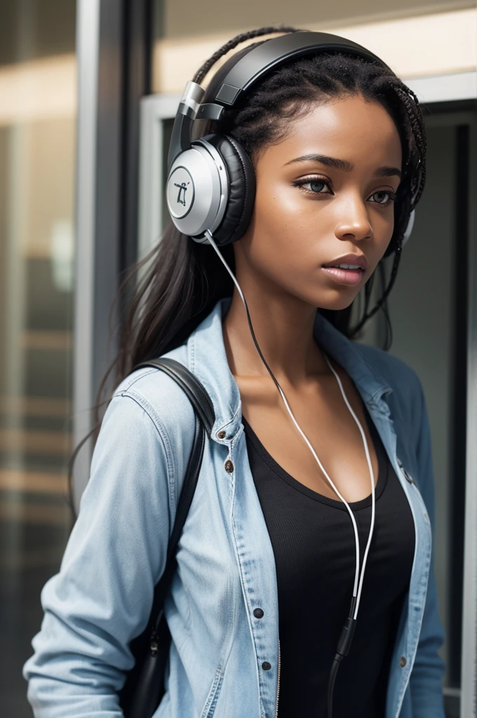 An image of a black woman with headphones