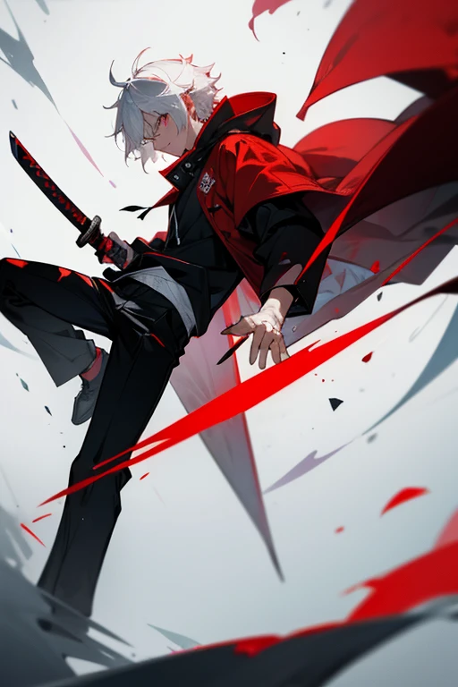 a young man with messy white hair, closed sweatshirt wearing a black and red hood, black pants, Holding a red katana, with a serious expression