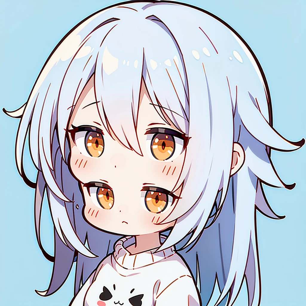 超A high resolution, Best aesthetic, Best Quality, masterpiece, white hair,orange eyes,beautiful detailed eyes,1girl,light blue sweater, simple background, Chibi
