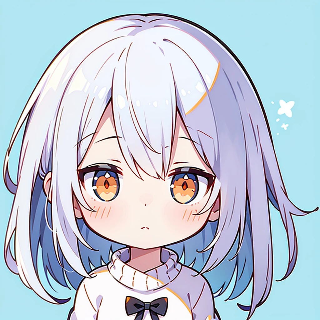 超A high resolution, Best aesthetic, Best Quality, masterpiece, white hair,orange eyes,beautiful detailed eyes,1girl,light blue sweater, simple background, Chibi