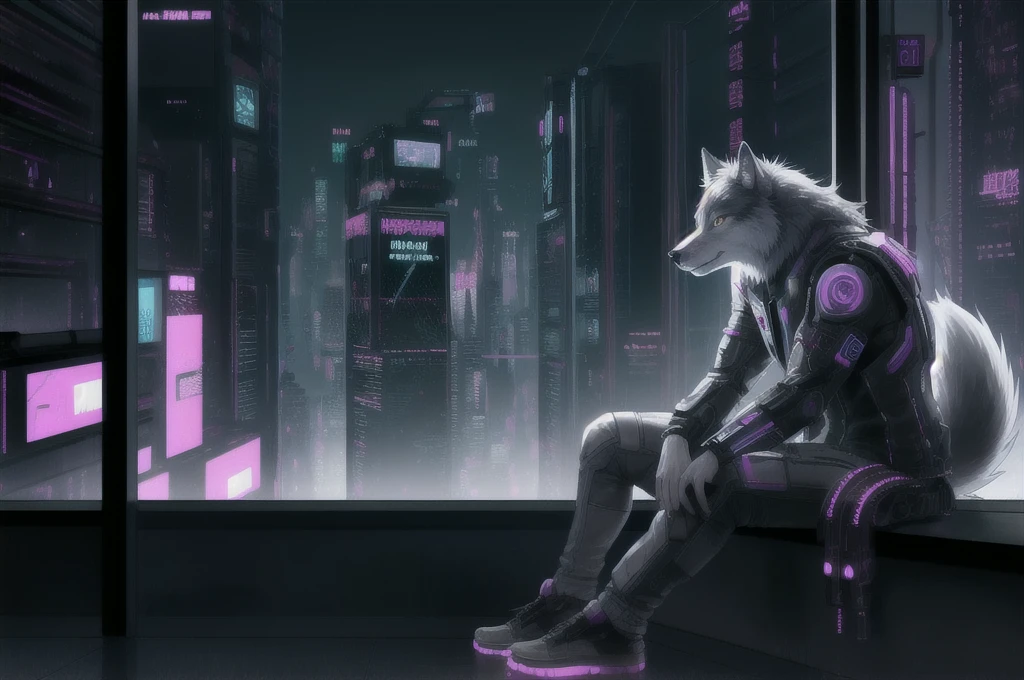anthropomorphic male gray wolf, sitting on a window, cyberpunk background