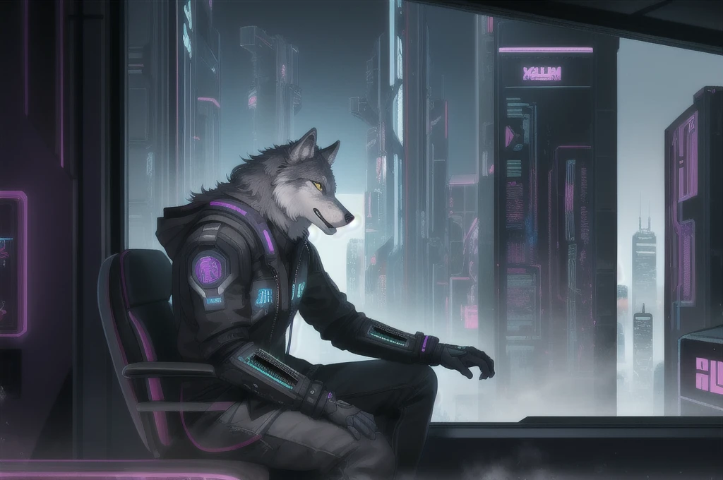 anthropomorphic male gray wolf, sitting on a window, cyberpunk background