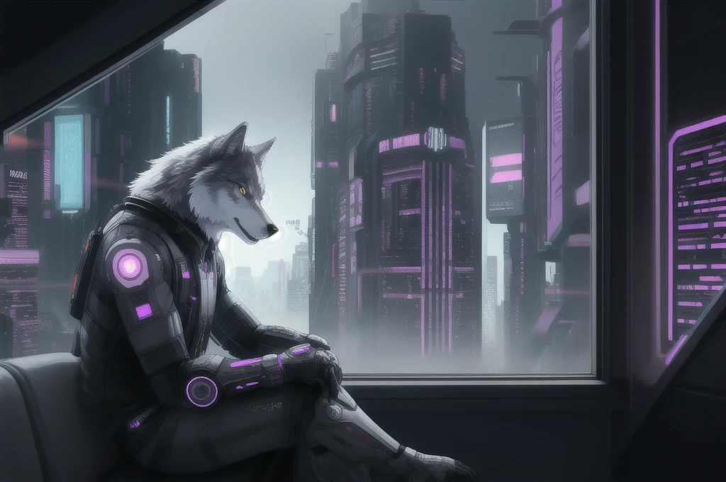 anthropomorphic male gray wolf,  sitting on a window, cyberpunk background