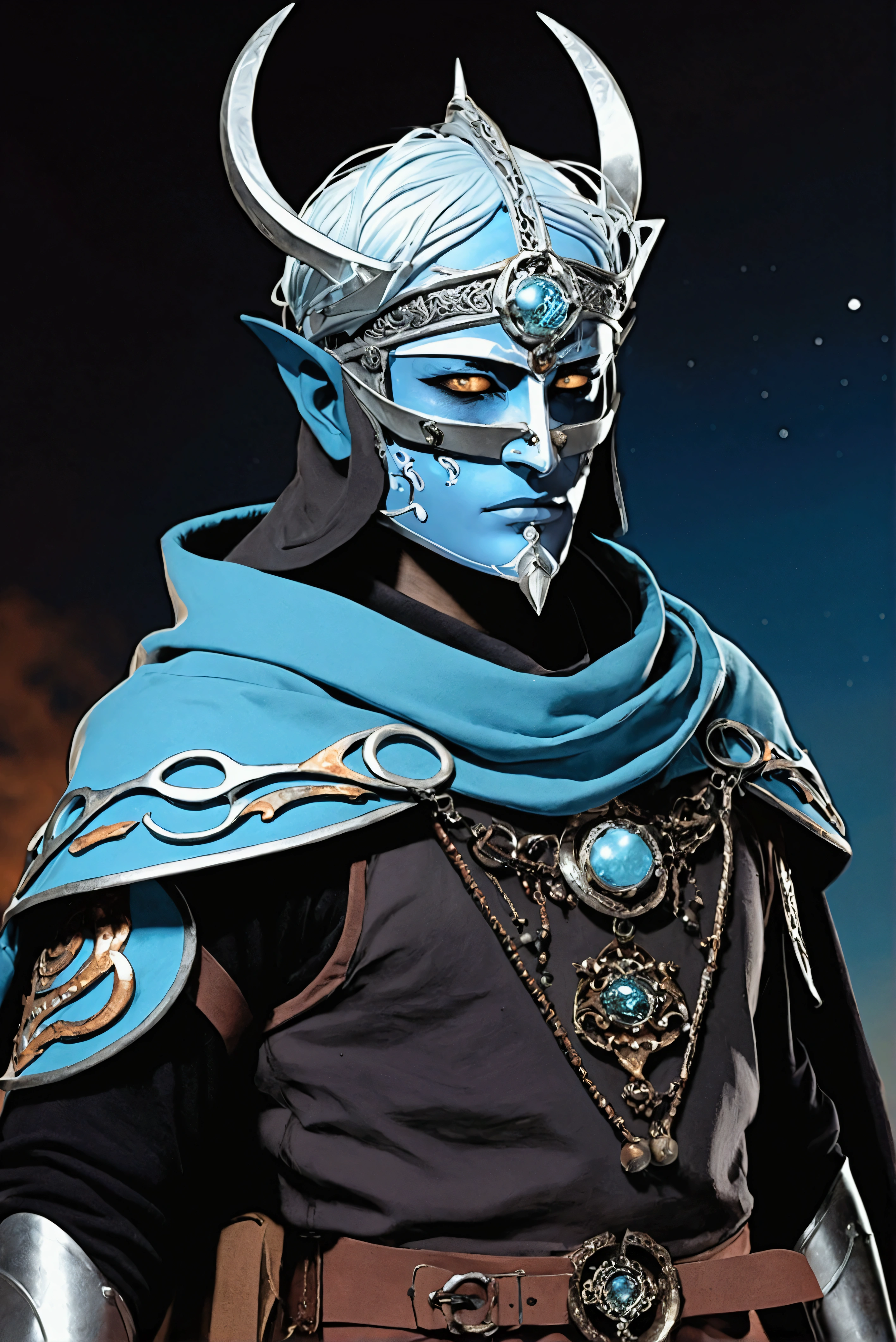 Mystic archer warrior, pointy ears, Detailed clear eyes, Dark blue and black details, fire background, (Hood), Loose and thick clothing covers the body, Bask in the luxury of Yoshitaka Amano in the moonlight, fanciful, Sci-fi, The complex background (full bodyesbian), ((dynamic poses)), action shot, Highly detailed, Masterpiece, Best quality, Art station, intricate details, Leper King inspired mask, (Silver) face-shaped armor mask, Iron mask, King Baldwin IV, Leper King, Full iron mask, metal face, Covered face, (Pale blue skin), (1male),