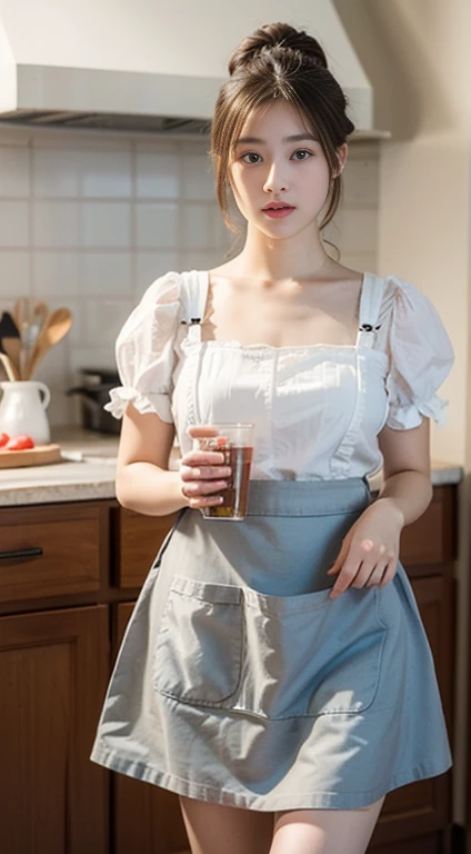 Super high quality photos,8K resolution, Correct human proportions, Correct body structure, masterpiece, Ultra high quality, (realistically: 1.4), Realistic style, original photo, 1 girl, british maid, Ruffled Maid Katyusha, ponytail, Braided hair, ruffled sheer shirt, ribbon tie, apron, mini skirt, Puff sleeves, White, radiant skin, Victorian Era, no gray background, Standing in the kitchen,Hold a tray in your hand,There's a silver kettle on it, Porcelain tea cup, Full body image, , Black suspenders, Black shoes, a cat at her feet, Altitude Photos