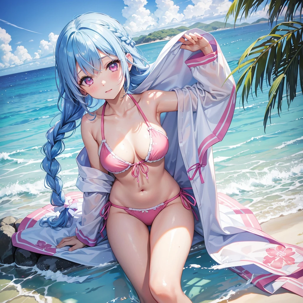 (Sky blue medium hair),(Braided hair tied together)、Pink eyes、Fair skin、(whole body)、(One Girl)、bikini、Shining white sand beach in midsummer、Okinawa's ocean、A happy smile、、(masterpiece、Highest quality、Very detailed、Best Shadow)、(Detailed Background)、(Beautifully detailed face)、High contrast、(Best lighting、Very delicate and beautiful)、((Cinematic Light))、colorful、Hyper Detail、Dramatic Light、Exquisite detail、Standing with your legs apart