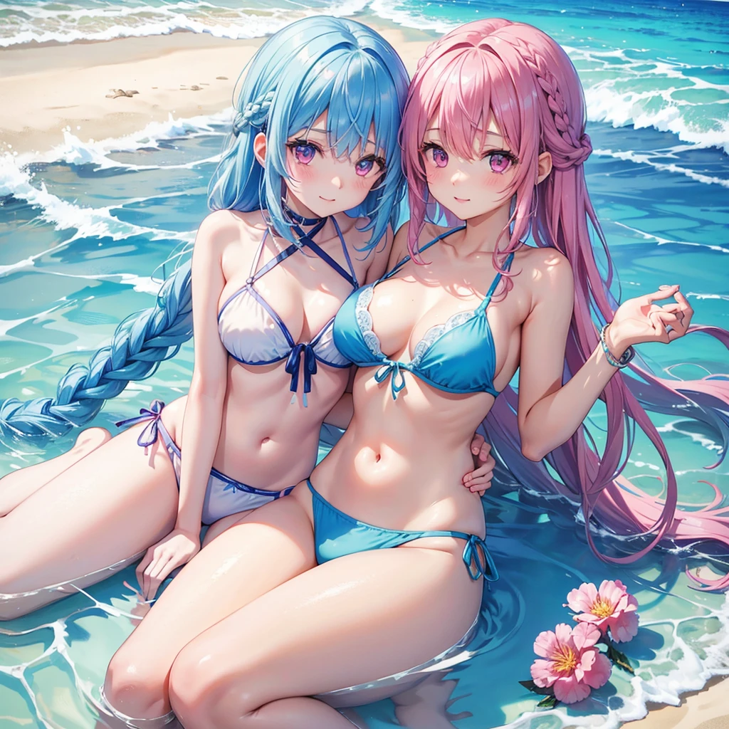 (Sky blue medium hair),(Braided hair tied together)、Pink eyes、Fair skin、(whole body)、(One Girl)、bikini、Shining white sand beach in midsummer、Okinawa's ocean、A happy smile、、(masterpiece、Highest quality、Very detailed、Best Shadow)、(Detailed Background)、(Beautifully detailed face)、High contrast、(Best lighting、Very delicate and beautiful)、((Cinematic Light))、colorful、Hyper Detail、Dramatic Light、Exquisite detail、Standing with your legs apart