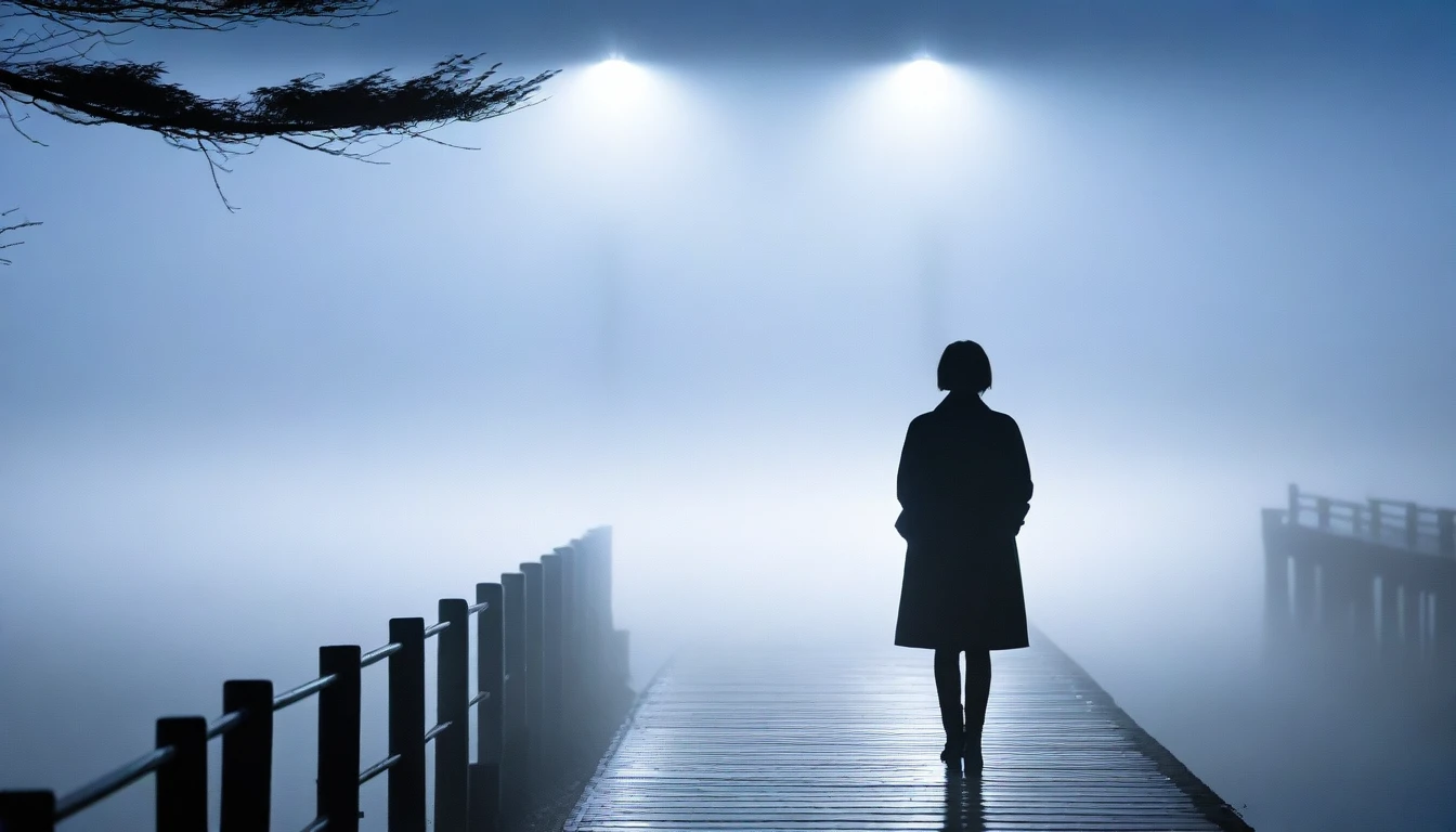 1 36-year-old Korean woman, Short hair, black coat, alone, rain, Fog, cold, boring, , pier, Only, Walking along a faint water path in the distance, The dim light shines in the Fog,and the figure stands in the Fog holding ,drizzling, (명암대rain, cinematic lighting, shadow, film grain, anatomically correct, accurate, Awards, 8K) realistic photo, Full body shot with Canon camera 16-35 wide angle lens, natural appearance, Faintly visible