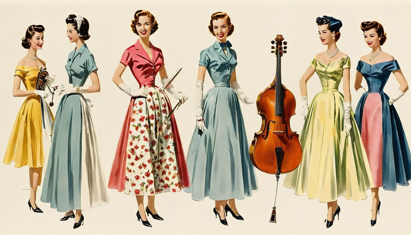 woman３peopleのジャズバンド部屋で演奏している、womanは美peopleで色っぽい、1950s、Design drawings from the 50s、Each has an instrument、woman３people、