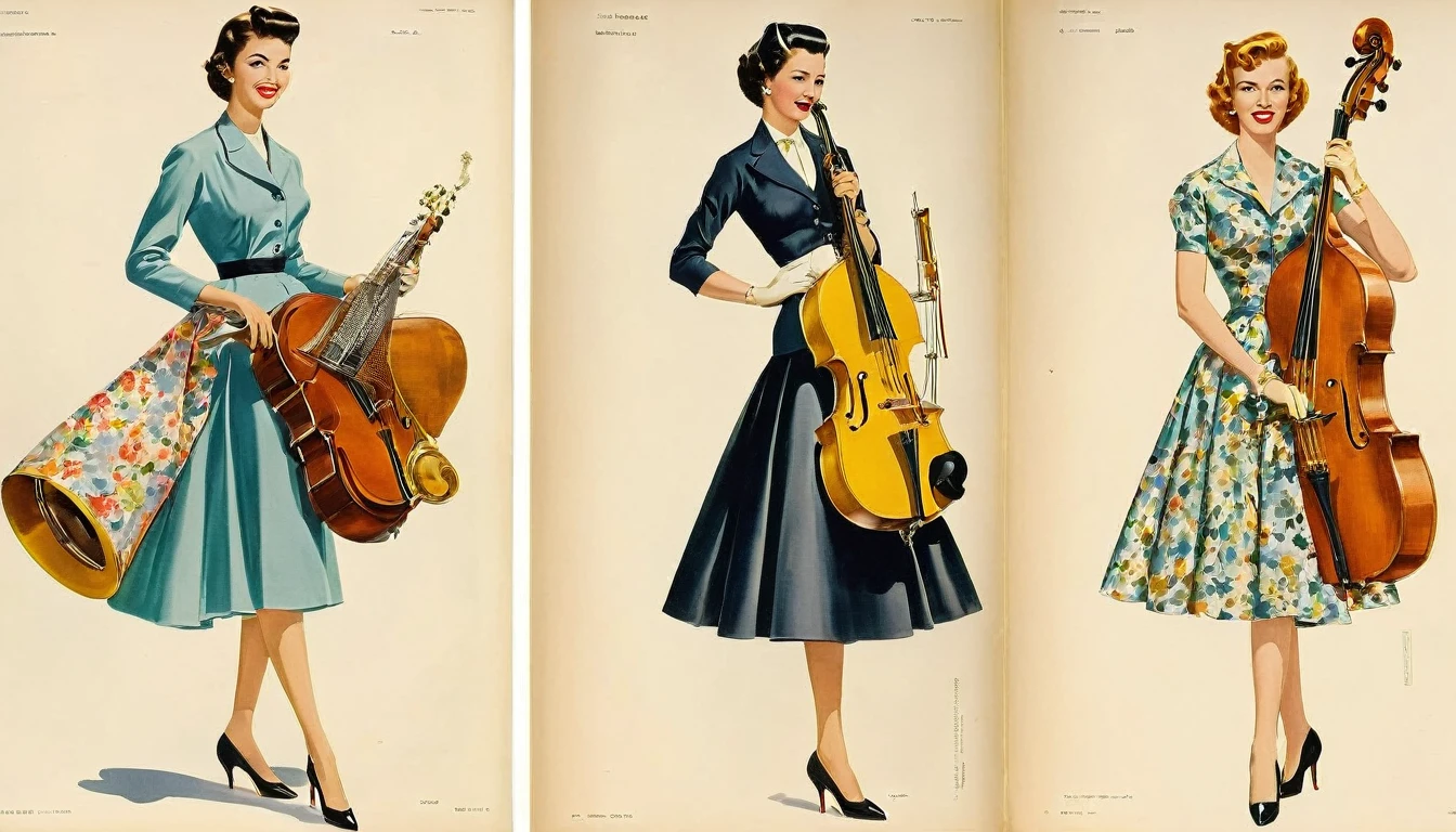 woman3peopleのジャズバンド部屋で演奏している、womanは美peopleで色っぽい、1950s、Design drawings from the 50s、Each has an instrument、woman3people、