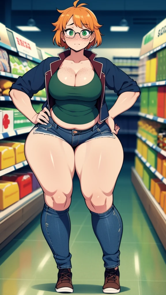 ((highres)), Masterpiece, high quality, best quality, beautiful, perfect lighting, detailed face, ultra cute face, cowboy shot, ((1girl)), ((solo)), looking at viewer, skindentation, ((blushing)), shocked, embarrassed, short orange hair, green eyes, glasses, freckles, jeans, tank top, jacket, tight clothes, full body, grocery store, standing in a grocery store, hand on hip,  medium breasts, perky breasts, cleavage, ((wide hips)), ((thick thighs)), chubby, 