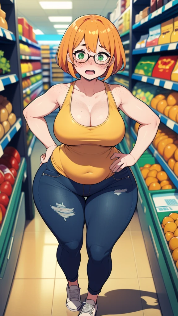 ((highres)), Masterpiece, high quality, best quality, beautiful, perfect lighting, detailed face, ultra cute face, cowboy shot, ((1girl)), ((solo)), looking at viewer, skindentation, ((blushing)), shocked, embarrassed, short orange hair, green eyes, glasses, freckles, jeans, tank top, jacket, tight clothes, full body, grocery store, standing in a grocery store, hand on hip,  medium breasts, perky breasts, cleavage, ((wide hips)), ((thick thighs)), chubby, 