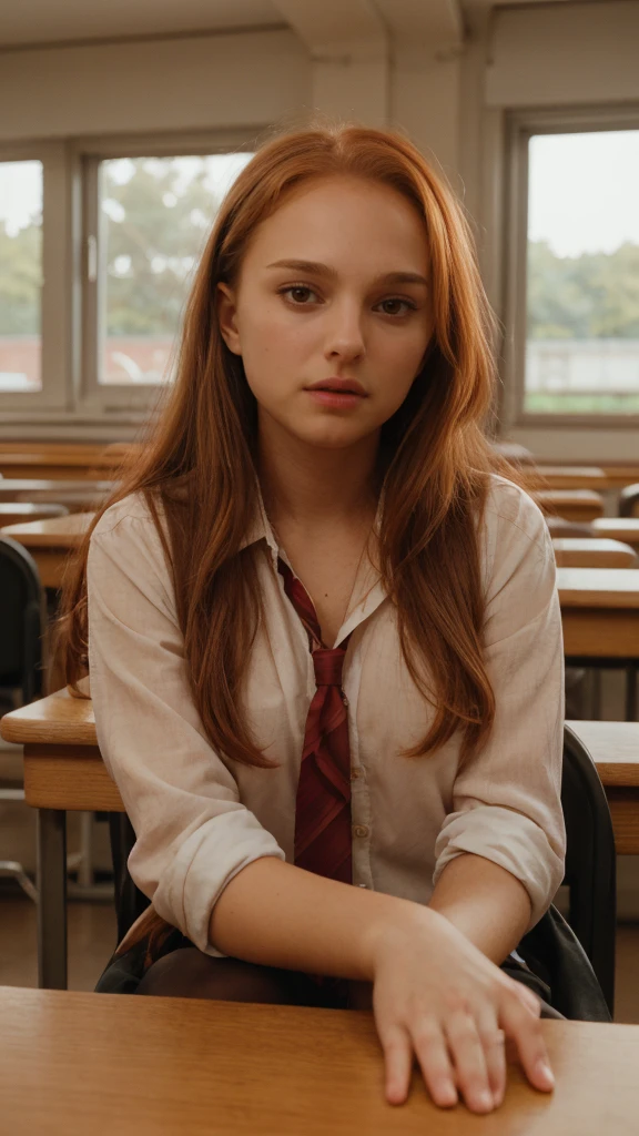 sitting at a table with red hair, Sexy photo of a very young sexy woman, 16 years old, with disheveled copper-red hair , a bit like Scarlett Johansson, juicy figure, big breasts, wonderful big eyes and full lips, at school , In the classroom context, school outfit, , She is angry, Angry, sits at the table