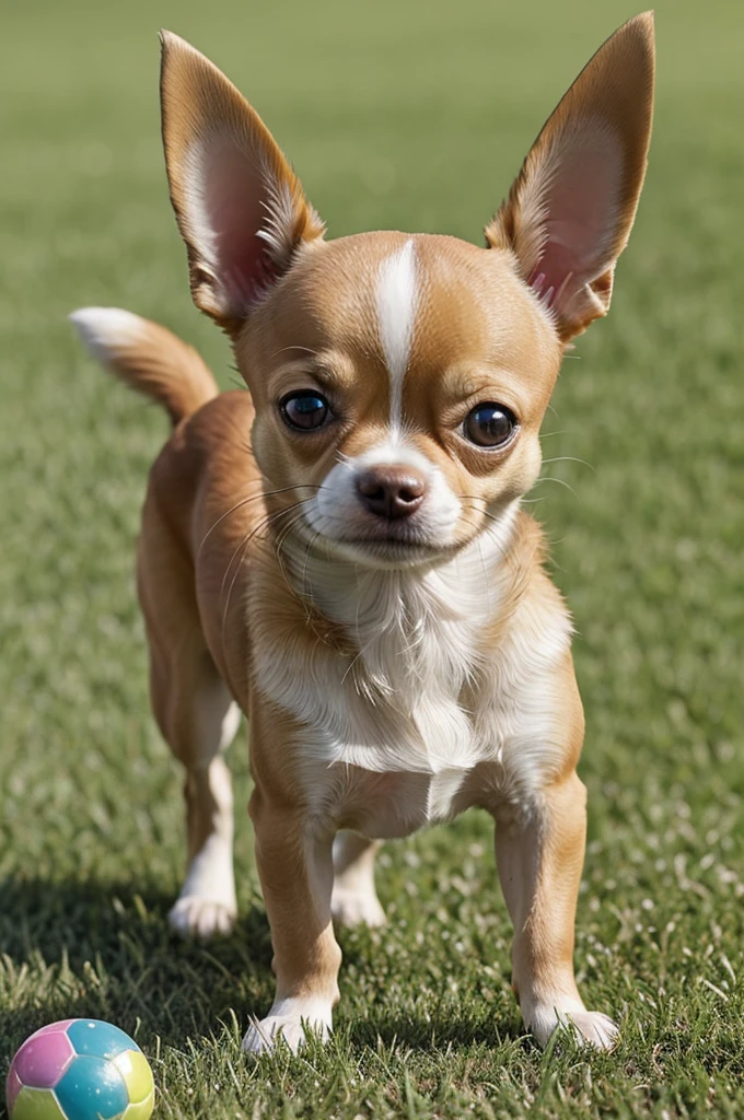 Imagine an adorable Chihuahua dog, drawn with childlike strokes but full of energy and expression. The Chihuahua has large, erect ears., big and bright eyes, and a small pointy nose. Its fur is short and soft, with a light brown color dotted with darker spots to give it texture. He is depicted with a friendly smile and a long, energetic tail that curves upward.. In the background, you can add details like a bright green lawn or a room with toys scattered around, highlighting its tiny size but its great personality.
