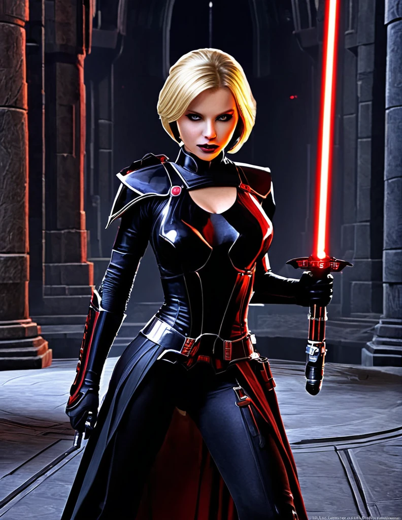 Une femme blonde seule, sensuelle, en seigneur sith, inspiré de star Wars old republic, en armure moulante noir, marche dans des ruines d'un temple sith de koriban sombre, sabre laser rouge en main, a un regard fort, un visage sadique et ensorcelante, démarche gracieuse, courbe parfaite pour le corps.