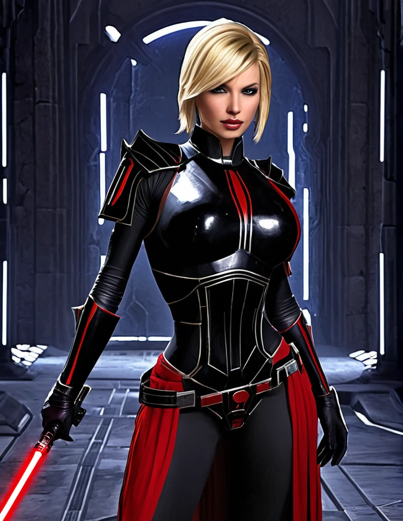 Une femme  blonde seule,  sensuelle, en seigneur sith, inspiré de star Wars old republic, en armure moulante noir, marche dans des ruines d'un temple sith de koriban sombre, sabre laser rouge en main, a un regard fort, un visage sadique et ensorcelante, démarche gracieuse, courbe parfaite pour le corps.