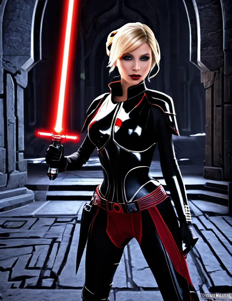 Une femme blonde seule, sensuelle, en seigneur sith, inspiré de star Wars old republic, en armure moulante noir, marche dans des ruines d'un temple sith de koriban sombre, sabre laser rouge en main, a un regard fort, un visage sadique et ensorcelante, démarche gracieuse, courbe parfaite pour le corps.