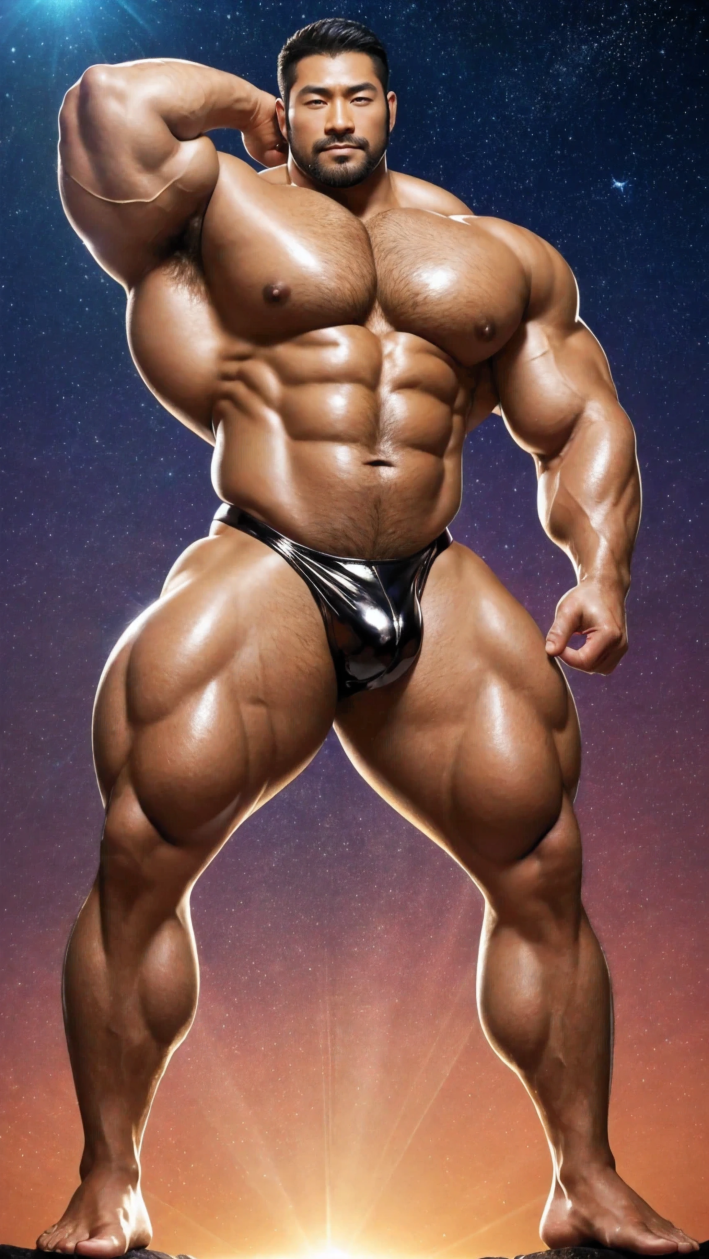 There is only one handsome Asian actor in the photo,35 years old,High target, Fitness,Smooth body,Smooth skin,No chest hair,short hair, O-Shaped Beard,Perfect body, Dark skin color,Radiant Skin,Smooth skin,Shiny, shiny skin,Smooth pectoral muscles,Muscle bulge, muscular, Very large pectoral muscles,Very sexy abdominal muscles,Very well-developed leg muscles,Huge concave and convex area,Brightens oily skin,Wearing a shiny gold leather thong,Handsome face,Normal human toes,Correct and accurate male body proportions,Superhero style,Light particle effects, dusk, Dynamic poses,Surrounded by energy,Multiple light points,Gradient sky, Gorgeous fantasy magic。