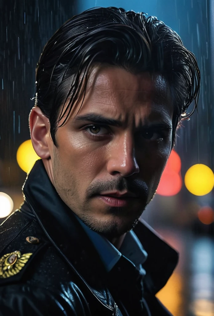 (a man with a gun:1.1) (intensely focused gaze, piercing eyes) (detailed facial features, defined nose and lips) (menacing atmosphere) (dark shadows and dramatic lighting) (high contrast:1.1) (gritty texture) (intense and suspenseful:1.1) (action-packed) (dynamic composition) (cinematic vibe) (shallow depth of field) (dramatic bokeh) (film noir style) (dark and moody color palette) (captivating and mysterious) (nighttime setting) (urban backdrop) (rain-soaked streets) (tense and suspenseful atmosphere:1.1) (emotional impact) (intense storytelling) (provocative and thought-provoking) (striking and impactful) (masterpiece:1.2), (high resolution:4k), (realistic:1.37), (professional)