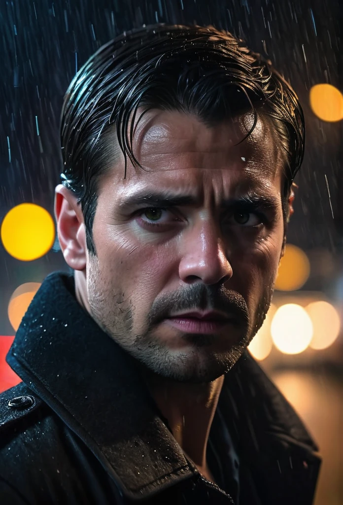 (a man with a gun:1.1) (intensely focused gaze, piercing eyes) (detailed facial features, defined nose and lips) (menacing atmosphere) (dark shadows and dramatic lighting) (high contrast:1.1) (gritty texture) (intense and suspenseful:1.1) (action-packed) (dynamic composition) (cinematic vibe) (shallow depth of field) (dramatic bokeh) (film noir style) (dark and moody color palette) (captivating and mysterious) (nighttime setting) (urban backdrop) (rain-soaked streets) (tense and suspenseful atmosphere:1.1) (emotional impact) (intense storytelling) (provocative and thought-provoking) (striking and impactful) (masterpiece:1.2), (high resolution:4k), (realistic:1.37), (professional)