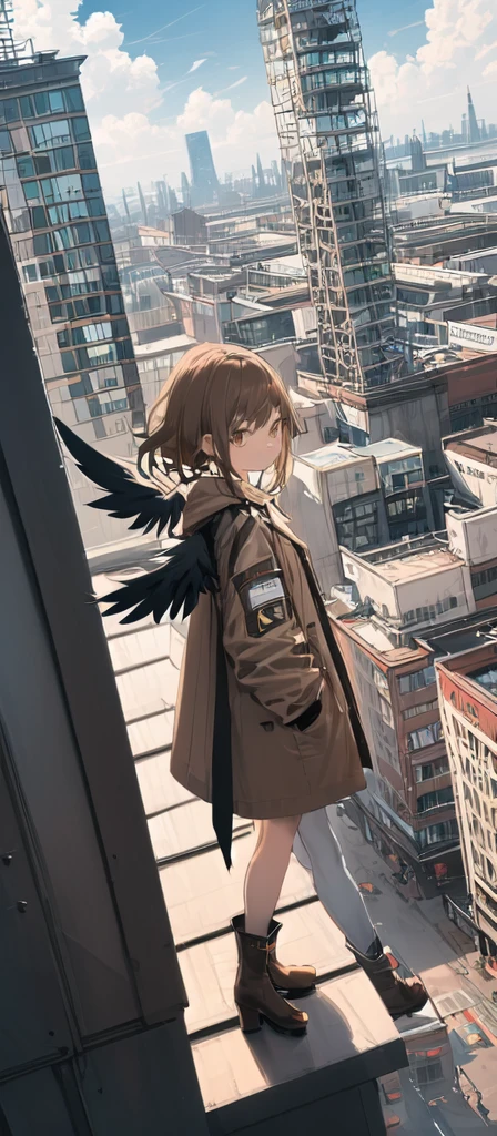 (masterpiece, best quality),from above , 1girl, solo, (feathered wings:1.2), billboard, brown eyes, brown hair, building, city, cloudy sky, coat, boots, crane \(machine\), dutch angle, from side, light frown, looking at viewer, outdoors, rooftop, sky, skyscraper
