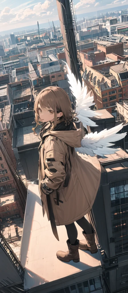 (masterpiece, best quality),from above , 1girl, solo, (feathered wings:1.2), billboard, brown eyes, brown hair, building, city, cloudy sky, coat, boots, crane \(machine\), dutch angle, from side, light frown, looking at viewer, outdoors, rooftop, sky, skyscraper