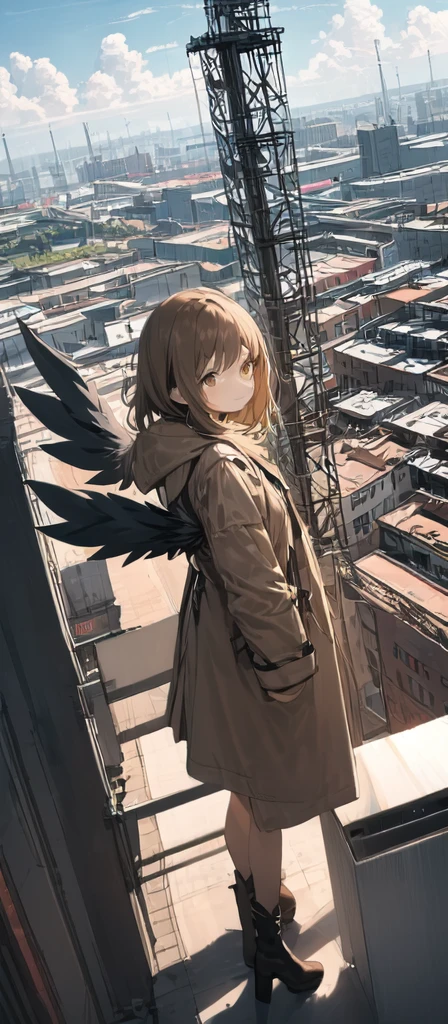 (masterpiece, best quality),from above , 1girl, solo, (feathered wings:1.2), billboard, brown eyes, brown hair, building, city, cloudy sky, coat, boots, crane \(machine\), dutch angle, from side, light frown, looking at viewer, outdoors, rooftop, sky, skyscraper