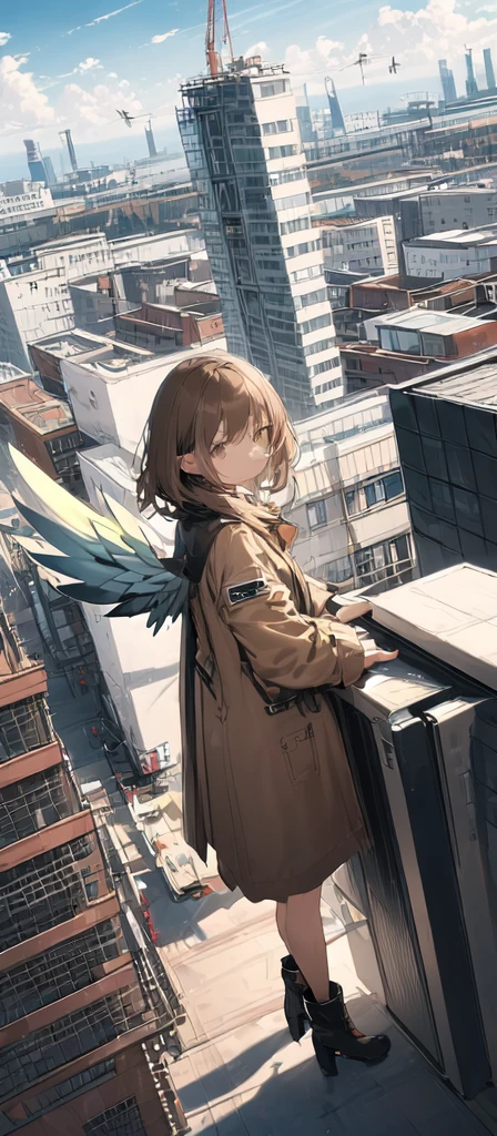 (masterpiece, best quality),from above , 1girl, solo, (feathered wings:1.2), billboard, brown eyes, brown hair, building, city, cloudy sky, coat, boots, crane \(machine\), dutch angle, from side, light frown, looking at viewer, outdoors, rooftop, sky, skyscraper