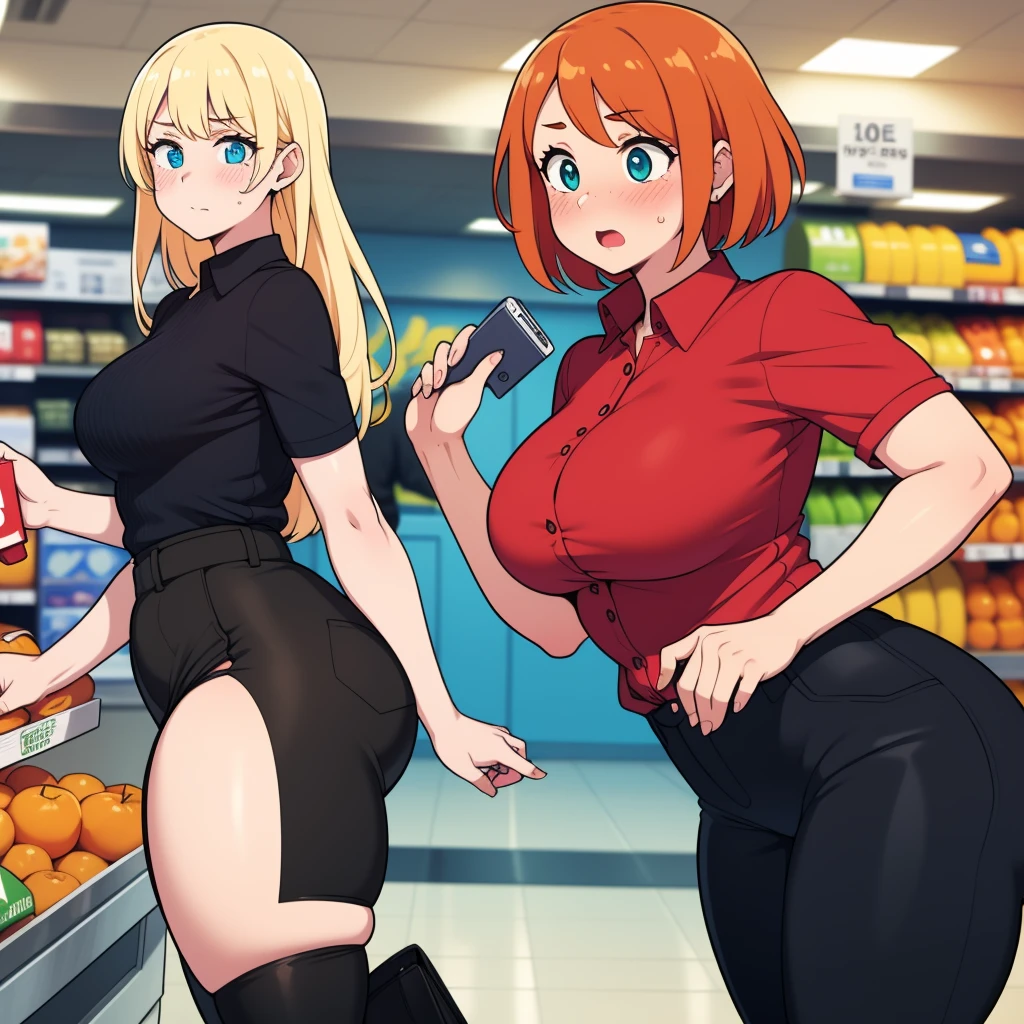 ((highres)), Masterpiece, high quality, best quality, beautiful, perfect lighting, detailed face, ultra cute face, ((2girls)), ((blush)), one girl has blonde hair, blue eyes, red shirt, black pants, work uniform, one girl has orange hair, green eyes, red shirt, black pants, work uniform ,tight clothes, super market, medium breasts, perky breasts, wide hips, standing next to each other,