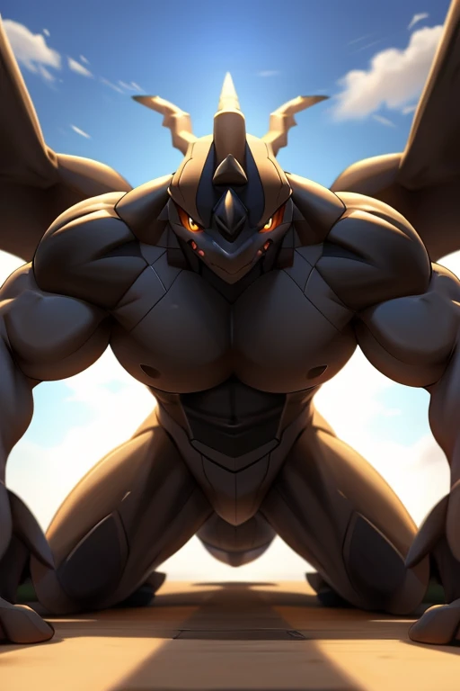 , Zekrom, obese , massive biceps dominant, low angle, arms up,