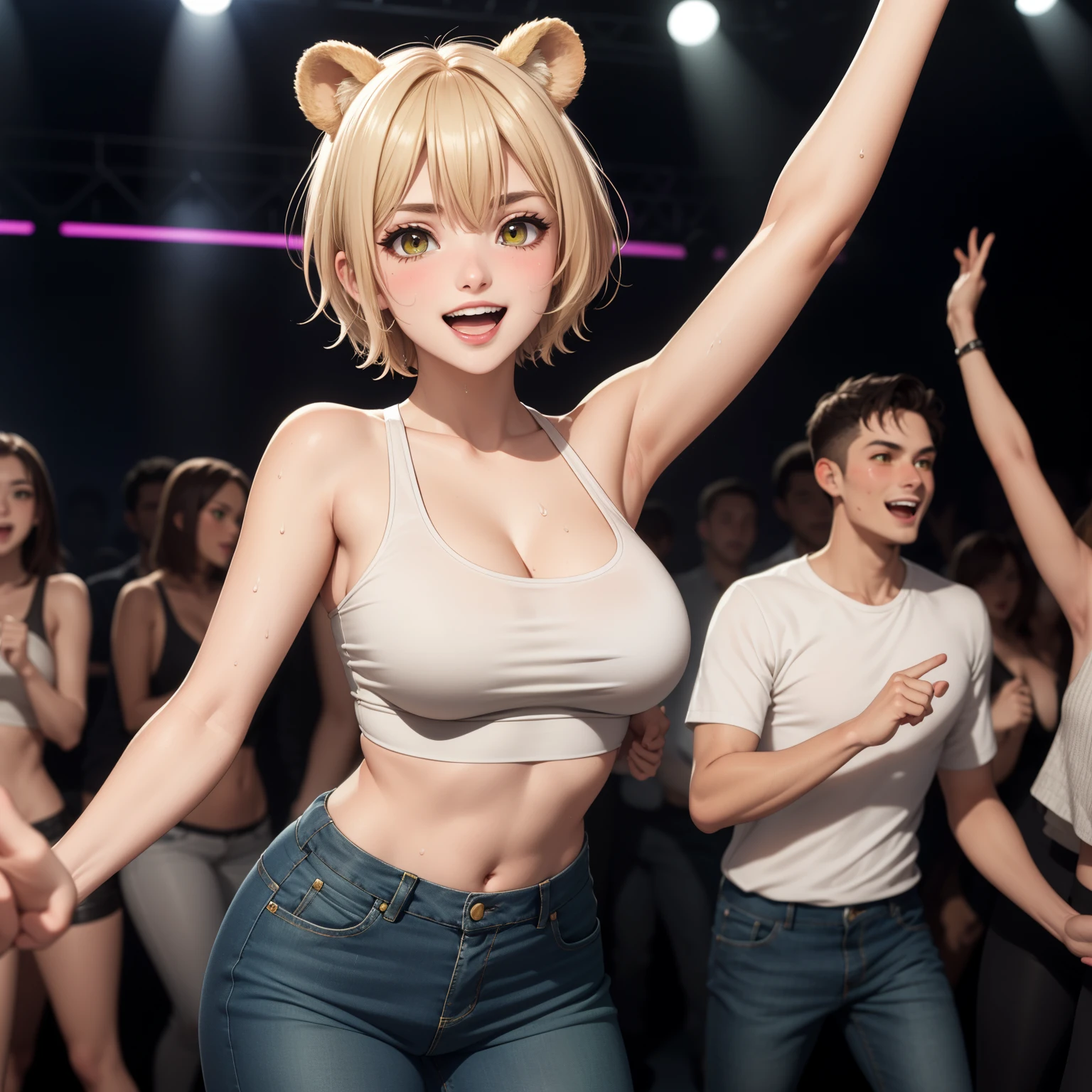  woman 24 years old,  happy smile open mouth, short ash blonde hair, short hair, bear ears, amber yellow eyes, short hair, mischievous smile, big breasts,  low-cut green tops, pantheons skinny jeans, he is dancing in a nightclub, background a disco. sweaty body. perfect hands. 1 single woman.