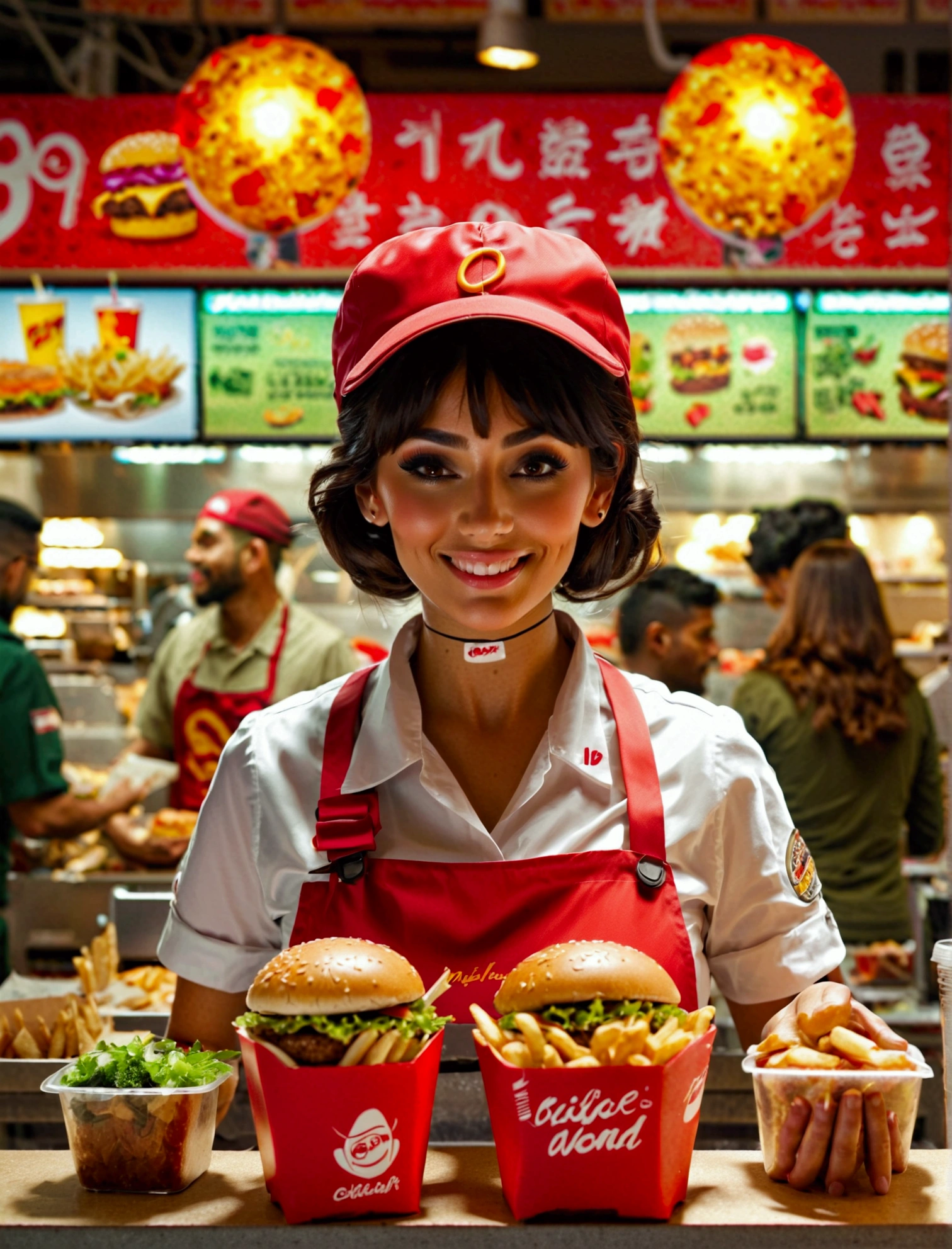 Aphotorealistic, ultra-detailed representation of a dedicated fast food worker serving customers behind the counter in an upper body shot. The individual, showcasing a genuine smile, is skillfully multitasking, handling various orders with precision and attention to detail. Their uniform, emblazoned with the familiar logos of the fast food chain, is worn neatly, and their hands move with dexterity as they assemble meals. The background is a blur of movement, customers lining up to place their orders. The scene is brightly lit, highlighting the worker's focused expression and the intricate mechanisms of the fast food assembly line. The image is shot in 8K UHD, gigantic breasts, giga_busty