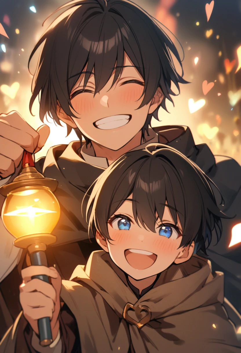 1 male, black hair, blue eyes, cloak, experienced, face close, happy, smiling, laughing, holding light stick, heart
