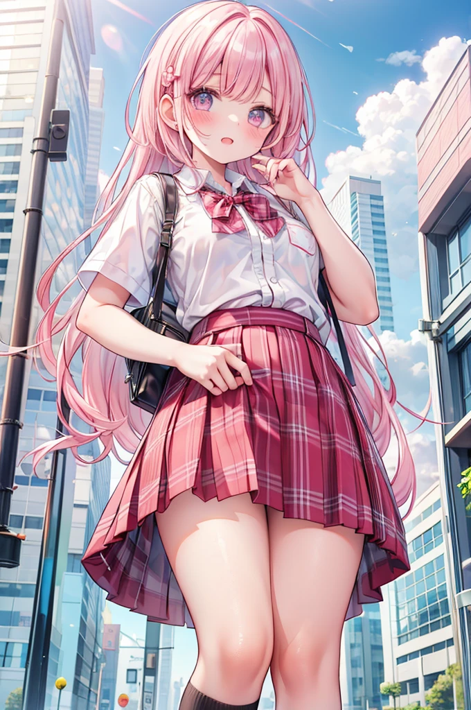 masterpiece, best quality,
1girl, view from below,
(turn up the plaid skirt:1.4), (summer school uniform:1.3), white panties, pink hair, surprised face, blush,
downtown area,