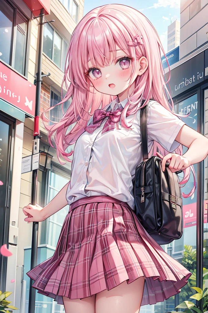 masterpiece, best quality,
 1girl, view from below, 
 (turn up the plaid skirt:1.4), (summer school uniform:1.3), white panties, pink hair, surprised face, blush,
 downtown area,