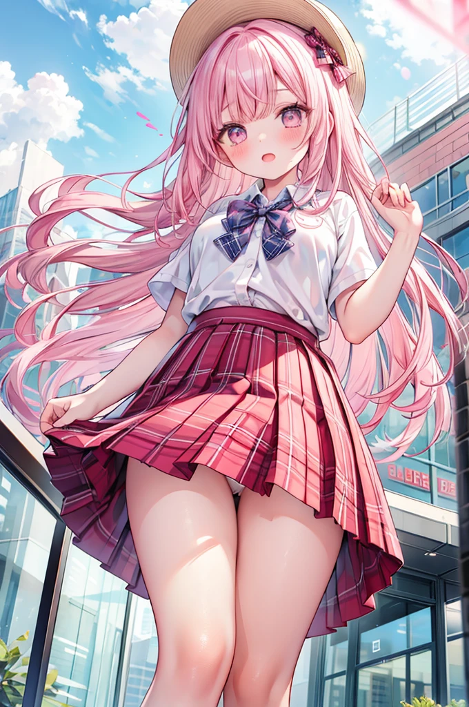 masterpiece, best quality,
1girl, view from below,
(turn up the plaid skirt:1.4), (summer school uniform:1.3), white panties, pink hair, surprised face, blush,
downtown area,
