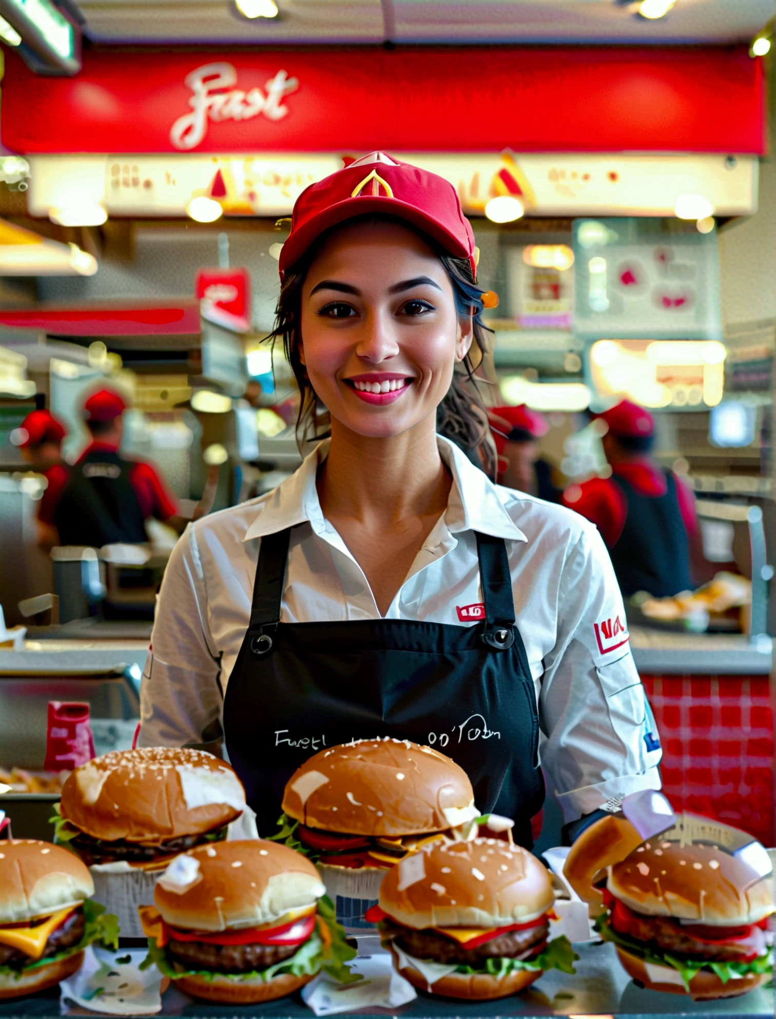 Aphotorealistic, ultra-detailed representation of a dedicated fast food worker serving customers behind the counter in an upper body shot. The individual, showcasing a genuine smile, is skillfully multitasking, handling various orders with precision and attention to detail. Their uniform, emblazoned with the familiar logos of the fast food chain, is worn neatly, and their hands move with dexterity as they assemble meals. The background is a blur of movement, customers lining up to place their orders. The scene is brightly lit, highlighting the worker's focused expression and the intricate mechanisms of the fast food assembly line. The image is shot in 8K UHD, gigantic breasts, giga_busty