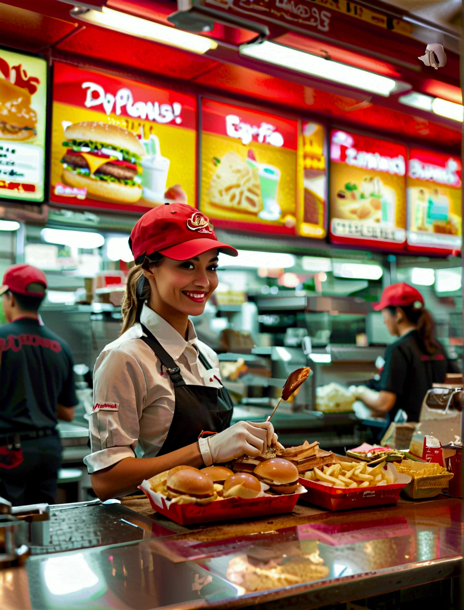 Aphotorealistic, ultra-detailed representation of a dedicated fast food worker serving customers behind the counter in an upper body shot. The individual, showcasing a genuine smile, is skillfully multitasking, handling various orders with precision and attention to detail. Their uniform, emblazoned with the familiar logos of the fast food chain, is worn neatly, and their hands move with dexterity as they assemble meals. The background is a blur of movement, customers lining up to place their orders. The scene is brightly lit, highlighting the worker's focused expression and the intricate mechanisms of the fast food assembly line. The image is shot in 8K UHD, gigantic breasts, giga_busty