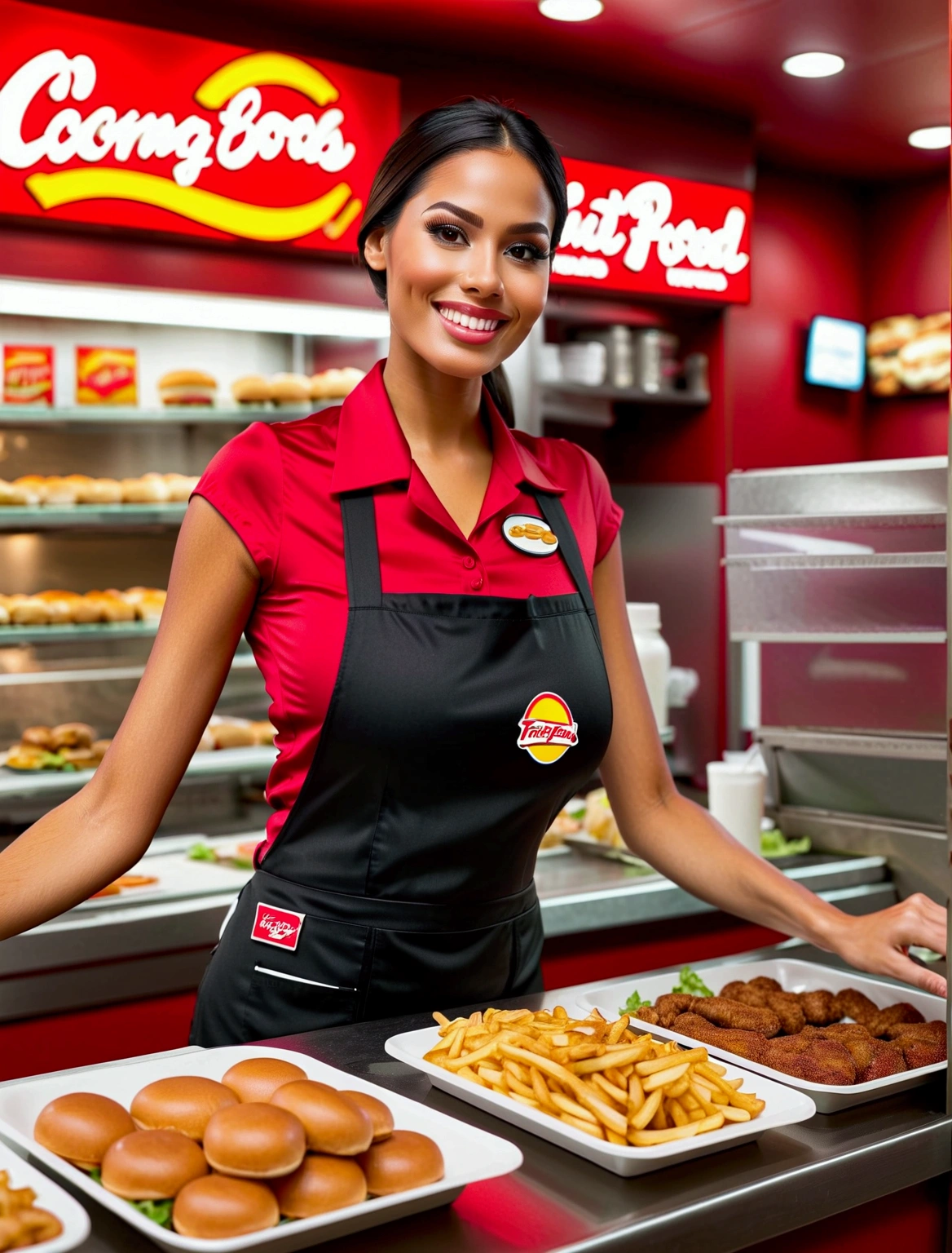 Aphotorealistic, ultra-detailed representation of a dedicated fast food worker serving customers behind the counter in an upper body shot. The individual, showcasing a genuine smile, is skillfully multitasking, handling various orders with precision and attention to detail. Their uniform, emblazoned with the familiar logos of the fast food chain, is worn neatly, and their hands move with dexterity as they assemble meals. The background is a blur of movement, customers lining up to place their orders. The scene is brightly lit, highlighting the worker's focused expression and the intricate mechanisms of the fast food assembly line. The image is shot in 8K UHD, gigantic breasts, giga_busty