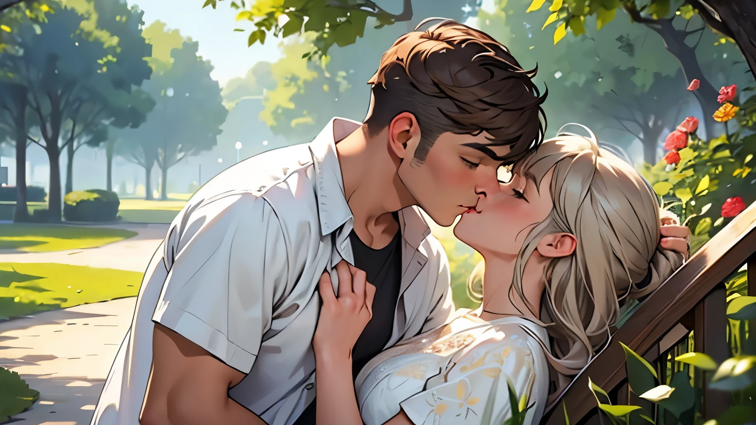 ((best quality)), ((work of art)), ((detailed)), man with white hair, casual clothes, kissing a woman with brown hair and bangs, wearing a white dress, in a flowered park
