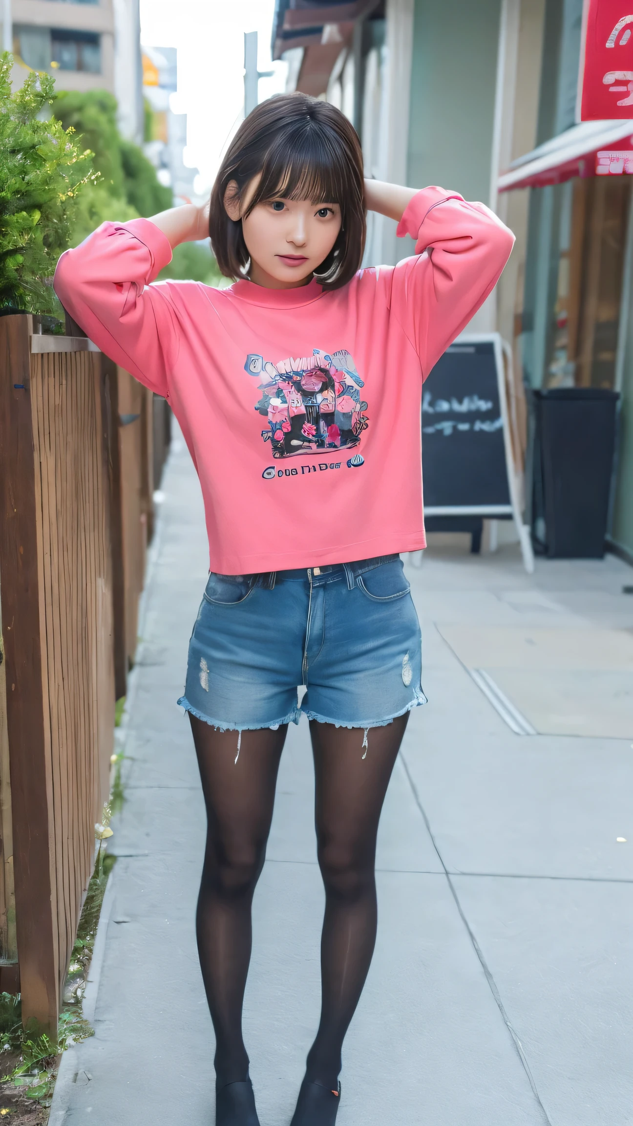 Photos taken by a professional photographer,Put your hands behind your head, Woman close up, Shorts, Young and pretty girl, Japanese Model, Wearing a casual T-shirt in random colors,Cute eyed waves for short hair, Cute young woman, Black Pantyhose,black tights, (Full-body showcase), (Show your whole body)