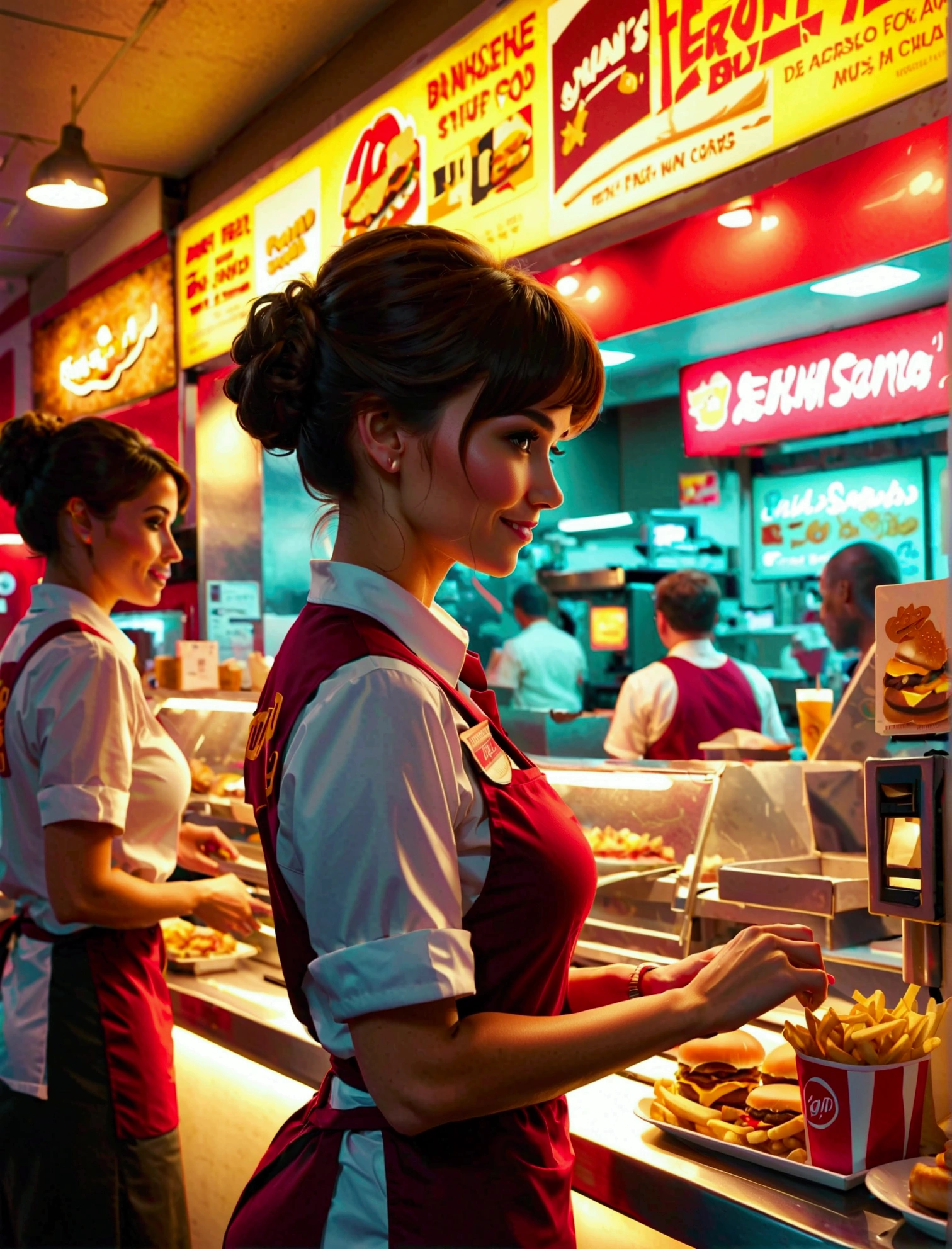 Aphotorealistic, ultra-detailed representation of a dedicated fast food worker serving customers behind the counter in an upper body shot. The individual, showcasing a genuine smile, is skillfully multitasking, handling various orders with precision and attention to detail. Their uniform, emblazoned with the familiar logos of the fast food chain, is worn neatly, and their hands move with dexterity as they assemble meals. The background is a blur of movement, customers lining up to place their orders. The scene is brightly lit, highlighting the worker's focused expression and the intricate mechanisms of the fast food assembly line. The image is shot in 8K UHD, gigantic breasts, giga_busty